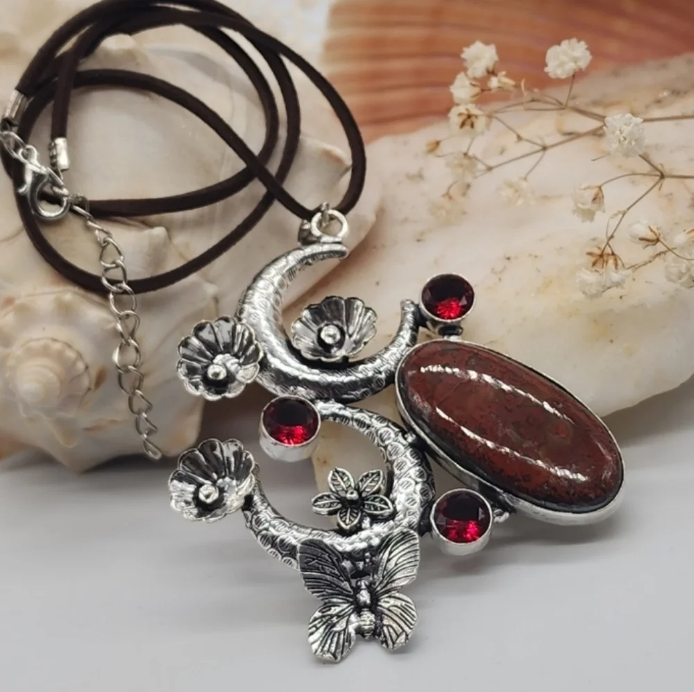 Moon Silver 925 Necklace Pendant Natural Agate Cabochon Stone Leather Necklace
